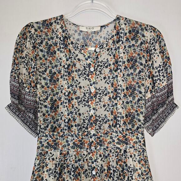 Sea New York Maya Midi Dress 0 Floral Print Sheer Chiffon Short Sleeve Lined - Picture 4 of 10